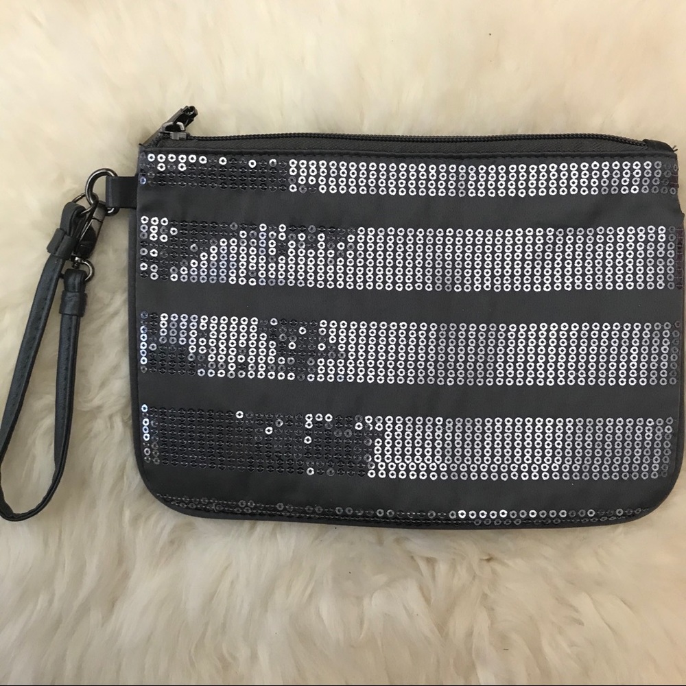 New grey sequin wristlet purse.